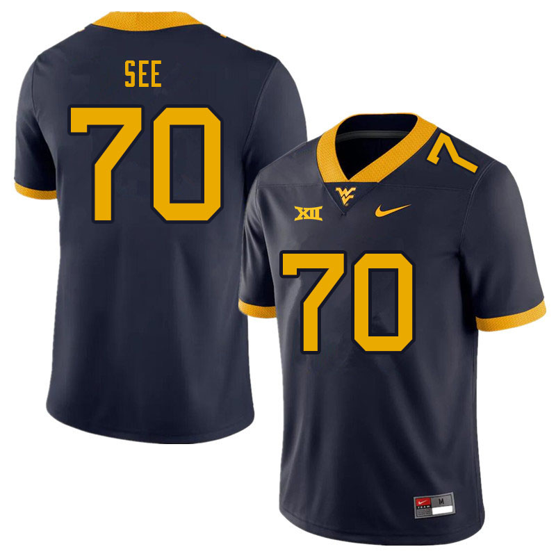 Men #70 Shaun See West Virginia Mountaineers College Football Jerseys Sale-Navy